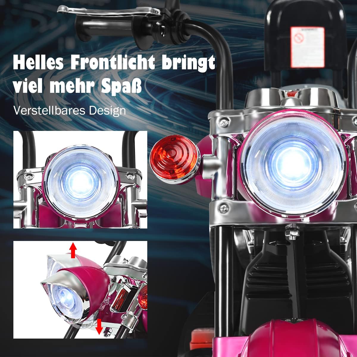 FANTASK Kinder Elektromotorrad mit verstellbarem Scheinwerfer, Dreirad Elektromotorrad mit Sound, Horn, Rückspiegel, Pedalen, Geschwindigkeit 2,5-3 km/h, Rot