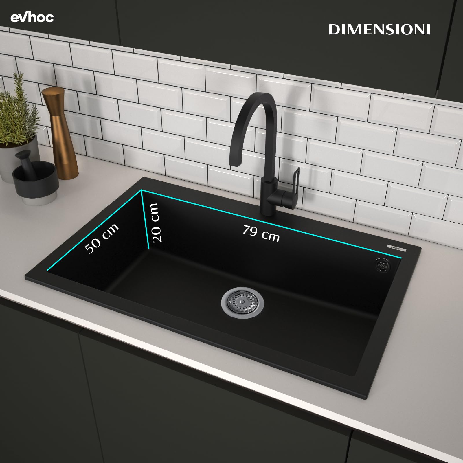 EVHOC Lavello Cucina Sopratop 1 Vasca 79x50 cm, Nero, NHEO L
