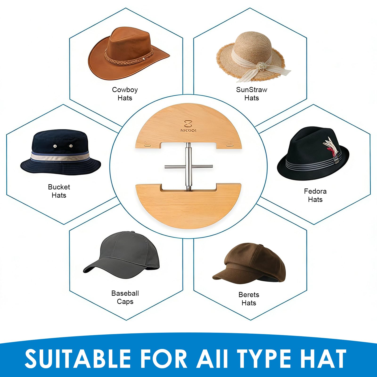 Dilatador de Sombreros para Hombre, Extensor de Madera para Sombreros Cowboy y Gorras Ajustables, Resistente y Duradero, Mantiene la Forma, Ajustable Sin Herramientas