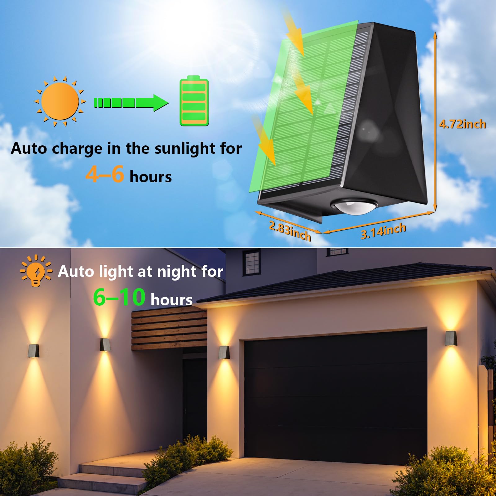 Solar-Außenwandleuchten nach oben und unten, IP65 wasserdichte LED-Außen-Sicherheits- und Dekorationsbeleuchtung für Haus, Garage, Terrasse, Hof, Garten, Veranda (Warmweiß), 6 Stück