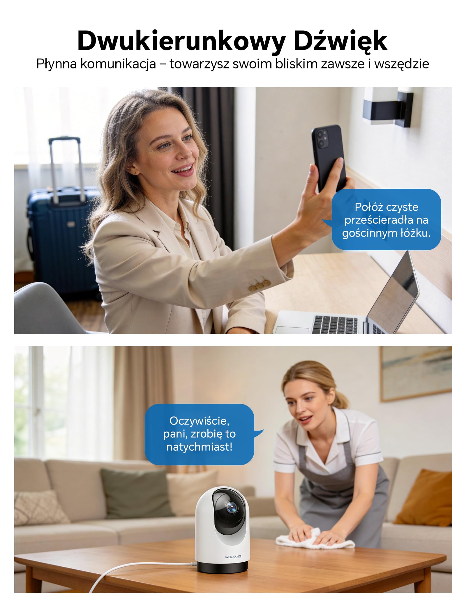 WOLFANG Kamera bezpieczeństwa 2K do użytku wewnątrz, kamera WiFi 3 MP, kamera dla zwierząt domowych z wykrywaniem dźwięku ruchu, obrót o 360°, noktowizor, 2-drożny dźwięk, chmura/SD, działa tylko z