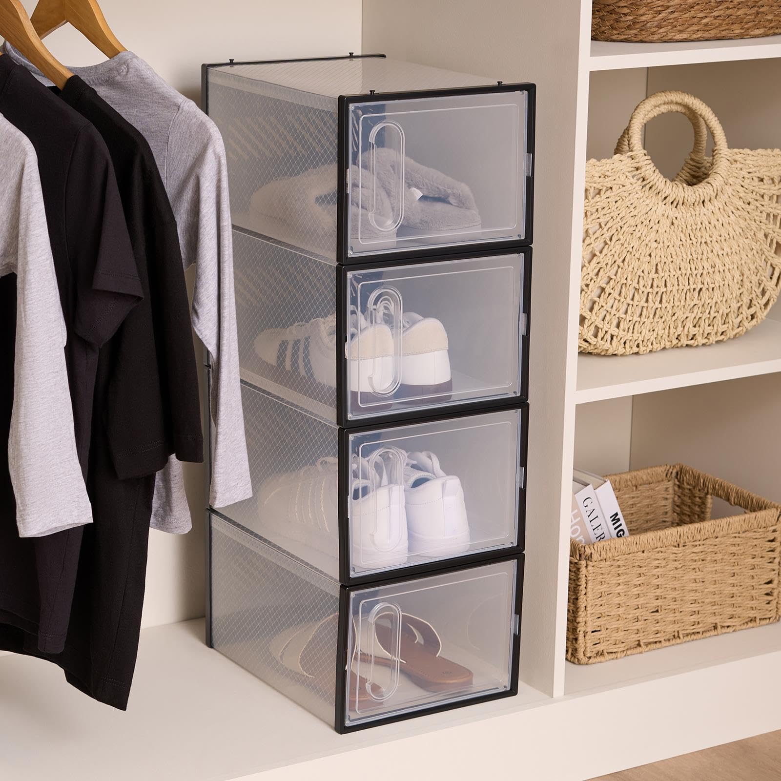 OHS Stackable Shoe Storage Box Organiser Cube with Lid - Clear - Plastic