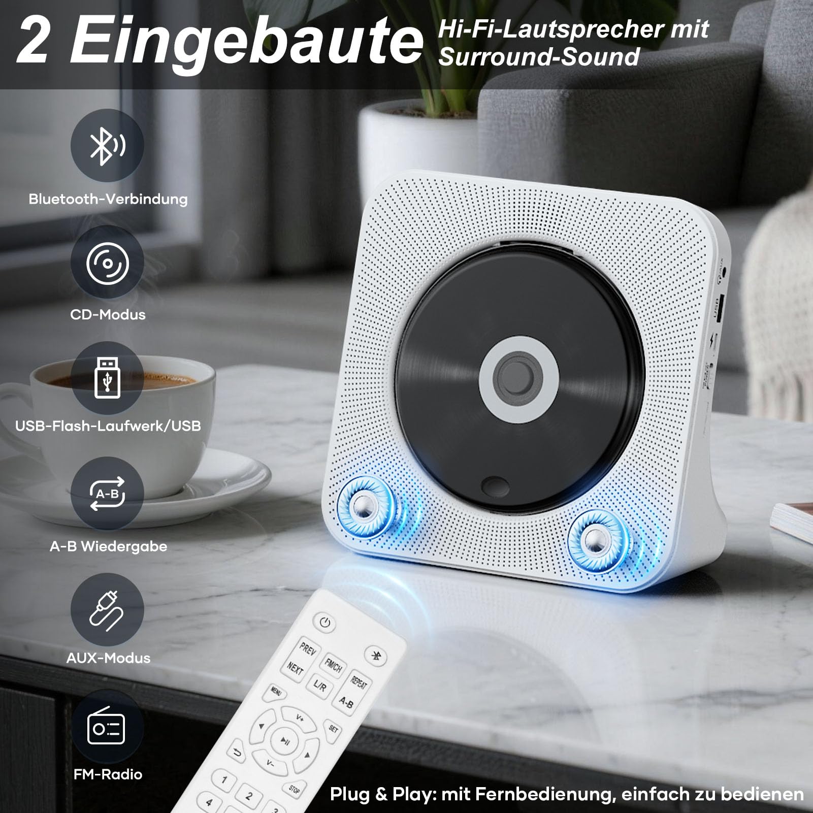 CD Player Tragbar Bluetooth 5.0 CD Spieler Tragbarer CD-Player mit Fernbedienung HiFi-Sound Lautsprecher Staubschutz LED-Bildschirm FM-Radio, unterstützt 3.5mm-AUX/USB/MP3, für Kinder Geschenk Zuhause