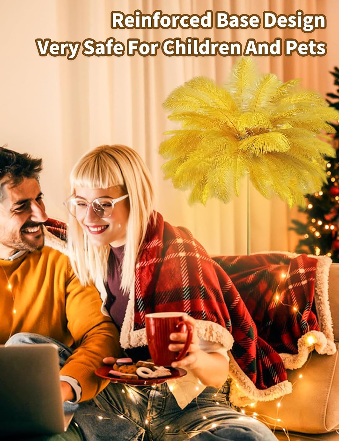 Feather Floor Lamp,Fluffy Ostrich Feather Floor Lamp for Bedroom,3 Color Temperatures Led Corner Modern Floor Lamps for Living Room Christmas Home Decor House Warming Gifts,63″ Height(Golden)