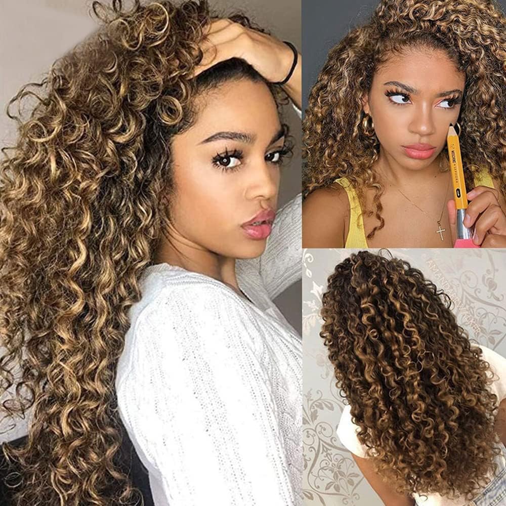 Imeya 18 Inch Ombre Highlight Blonde Brown Lace Front Wigs Human Hair 13x6 Transparent Lace Front Wigs Deep Curly Wig for Black Women Glueless 150% Density Brazilian Hair Pre Plucked with Baby Hair