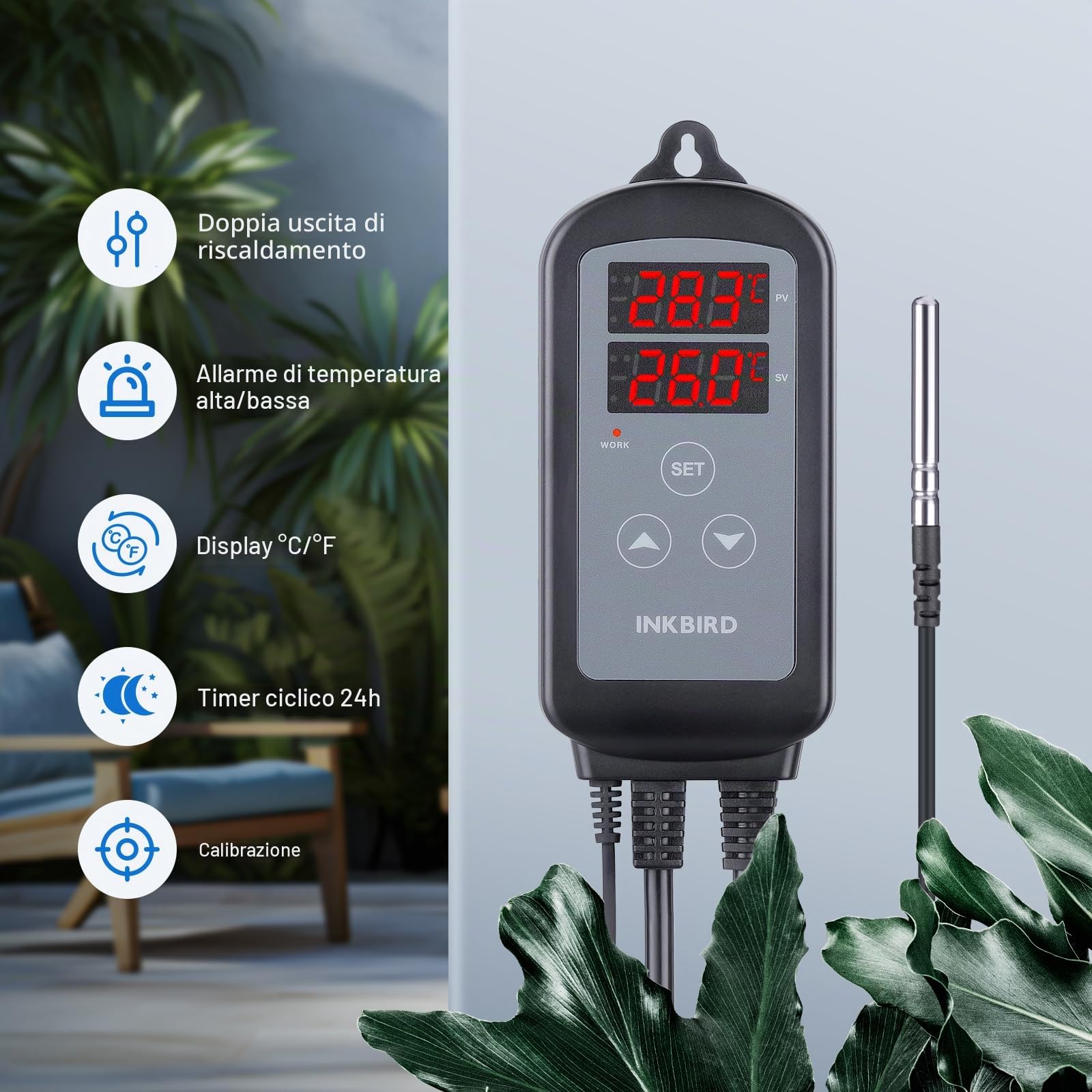 Inkbird ITC-2T Termostato Controllo Digitale,Termoregolatore Doppia Prese di Riscaldamento,Timer Ciclo Giorno-Notte,Funzione di Allarme,Regolatore di Temperatura per Terrarium,Serre,Rettili