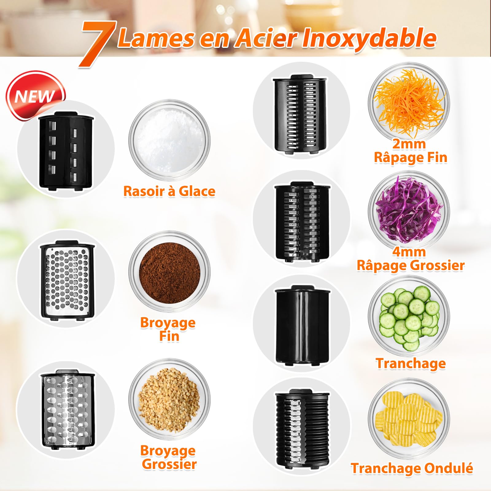 Anatole Coupe Légumes Électrique Broyeur à Glace 7 Lames Rape à Fromage Acier Inox 250W Rapeuse Carottes Professionnel Grand Calibre Trancheuse de Légumes Multifonctions 220V Fiche UE