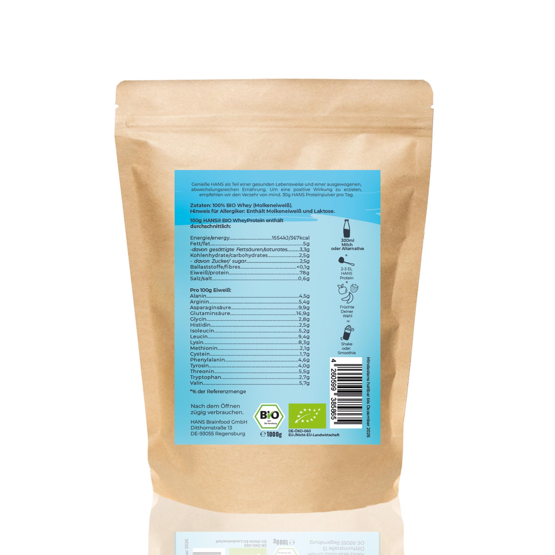 HANS Brainfood 80% Bio Whey Protein Pulver Neutral 1kg von Kühen aus Bayern ohne Zuckerzusatz - Eiweißpulver, Whey, Eiweiss Protein Pulver - 100% reines Bio Molke-Protein