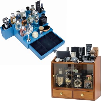 4 tier blue cologne organizer with walnut brown cologne cabinet