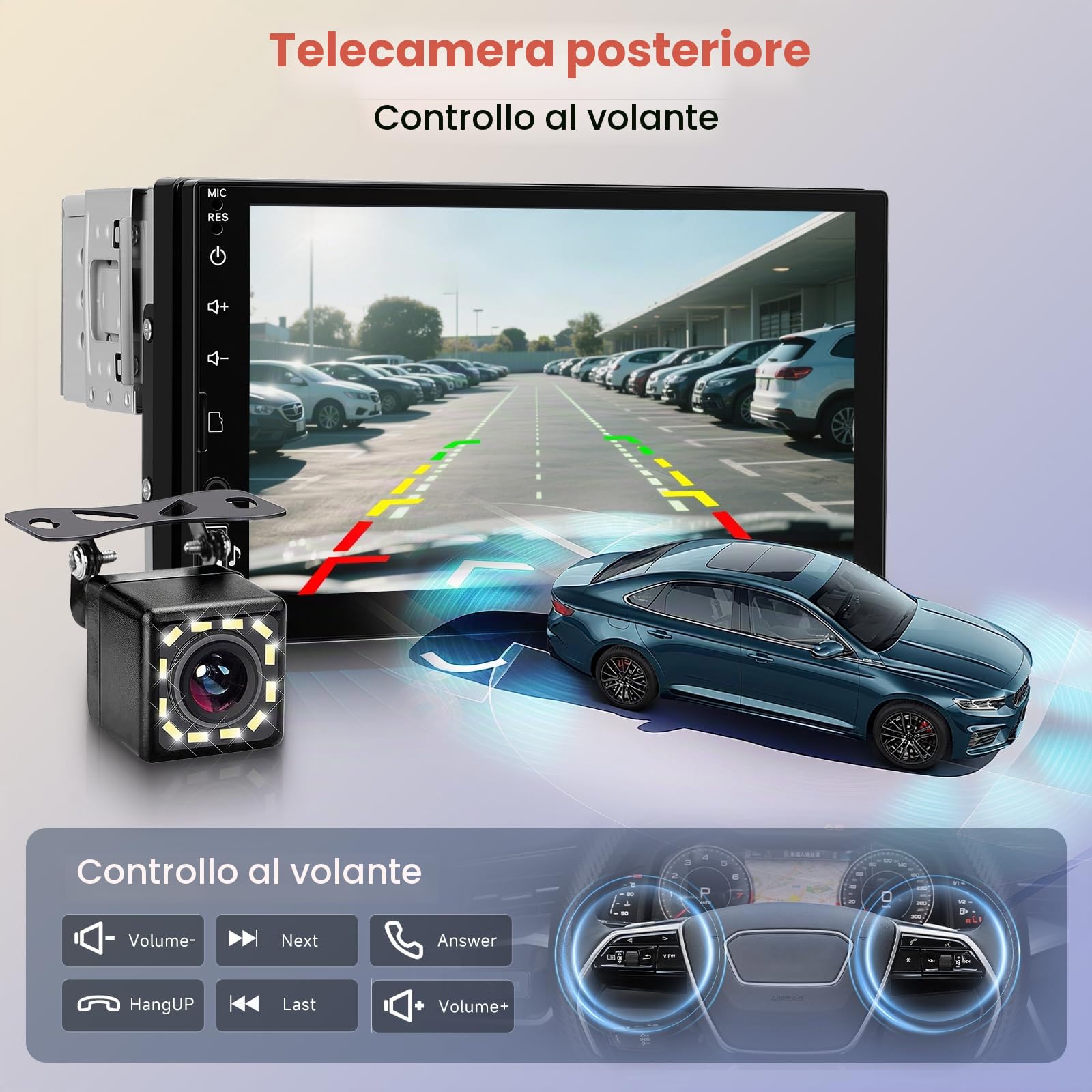 Hodozzy Autoradio 1 Din Carplay Wireless Android Auto, 7 Pollici LCD Touch Screen 1 Din Bluetooth Stereo Auto con MirrorLink, Radio FM/EQ/USB/SWC/Ricarica Type-C + Fotocamera