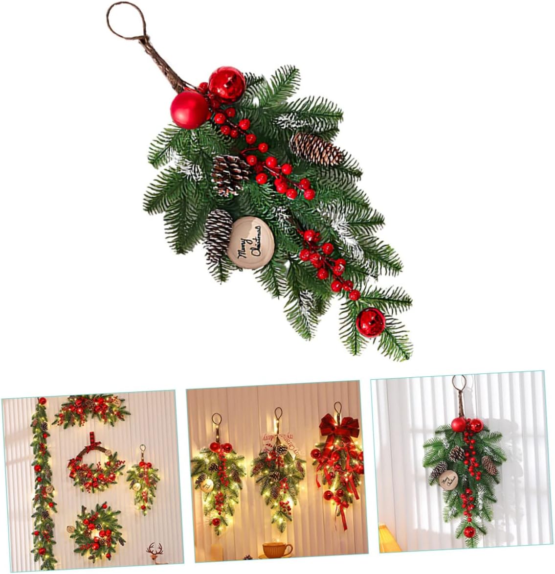 WOONEKY Christmas Teardrop Swag Ornament Hanging Decor for Wreath Natural Greenery Pine Needles for Holiday Home Decor and Festive Celebrations