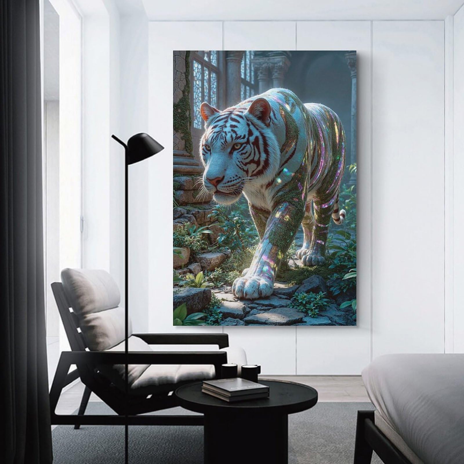 Junmoney White Tiger in Ancient Ruins Canvas Wall Picture 24x36inch(60x90cm), for Living Room, Bedroom Or Apartment Walls, Modern Wall Decor for Cosy Interiors