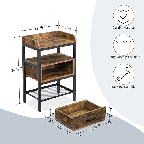 Miniatura 10 de Juego de 2 mesitas de noche, mesa auxiliar de 3 niveles con cajón y estante de almacenamiento, mesita de noche industrial con patas ajustables,