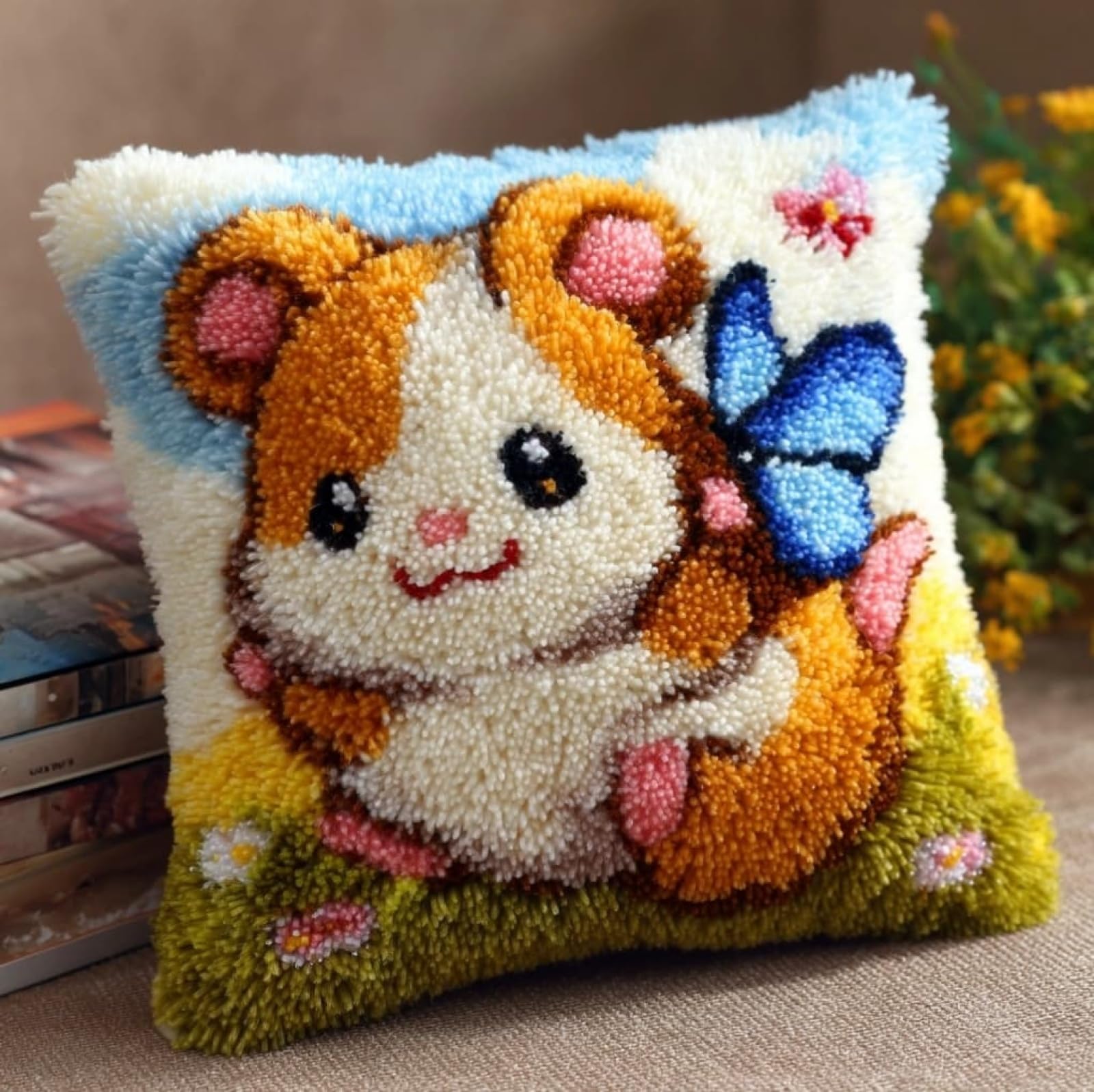AxiangziK Latch Hook Cushion Kit 43x43cm,Hamsters and Butterflies Beginner Friendly Needlecraft Set,Easy Latch Hook Kit for Home Decor
