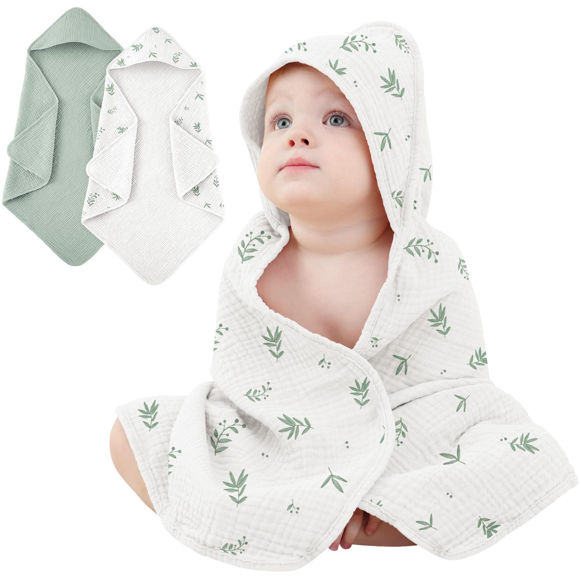 Susurration Baby Handtuch Kapuze für Badezimmer,4-Lagiges Kapuzenhandtuch Baby 2er-Pack, Musselin Baumwolle Baby Handtuch Kapuze, Weiche und Saugfähige Babyhandtuch mit Kapuze (Bambusblatt)