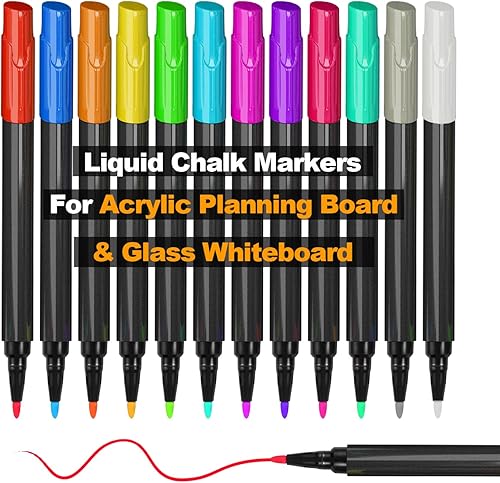 Marcadores de tiza líquida de 12 colores para tableros magnéticos de planificación de calendario, marcadores de punta fina, juego de bolígrafos de