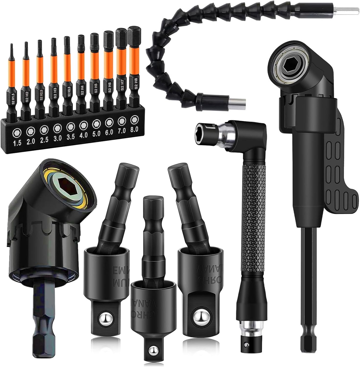 17 Piece Flexible Drill Bit Extension Kit with Right Angle Drill Attachment, Rotatable Socket Adapter Set, Allen Wrench Bits, 360° Bendable Extension for Tight Spaces