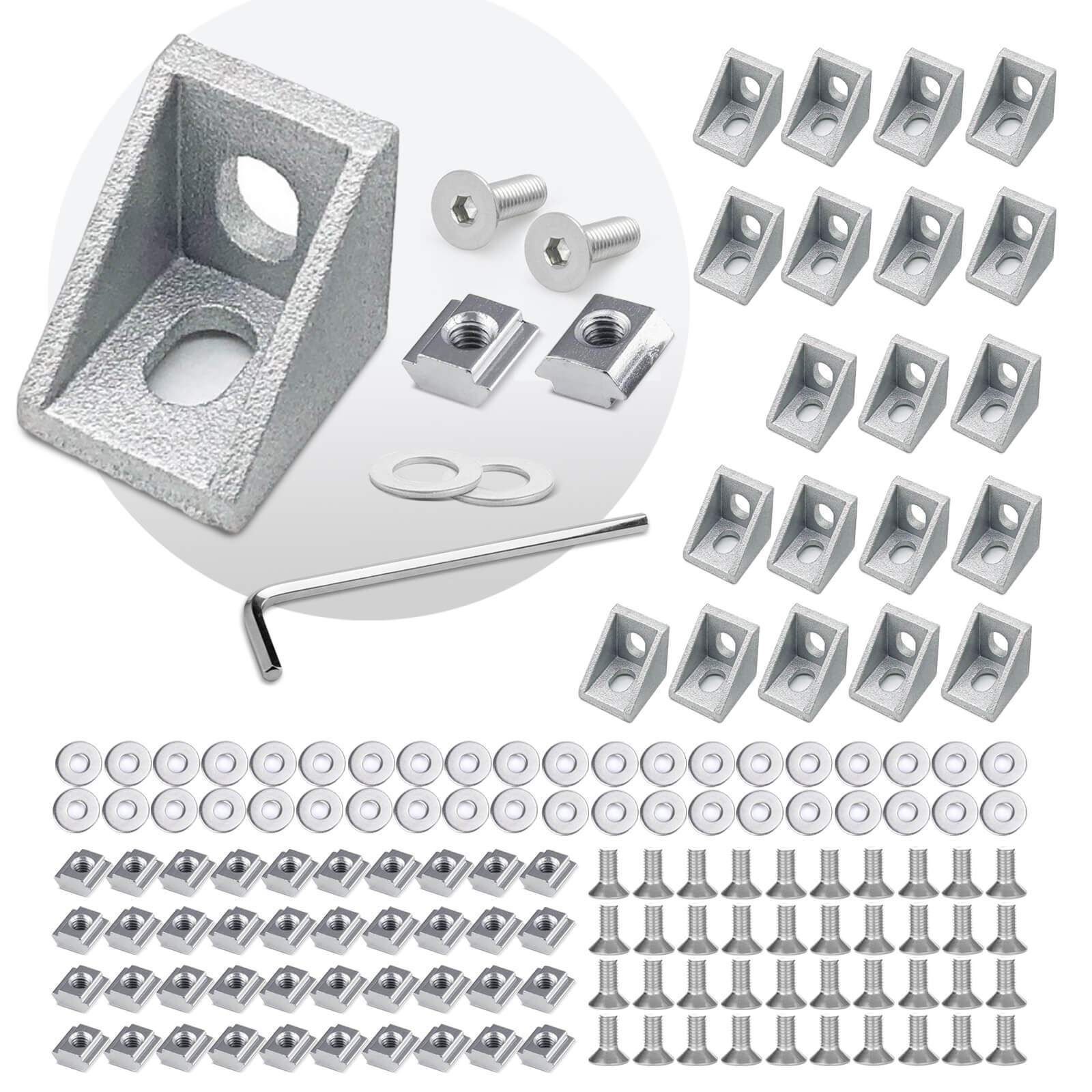 2020 Series Aluminum Extrusion Connector - 20pcs Corner Bracket,40pcs T Nuts and Hex Socket Screw Bolt with Flat Washer and Wrench for 3D Printer, CNC Router, CNC Laser Cutters, Robotics Projects.