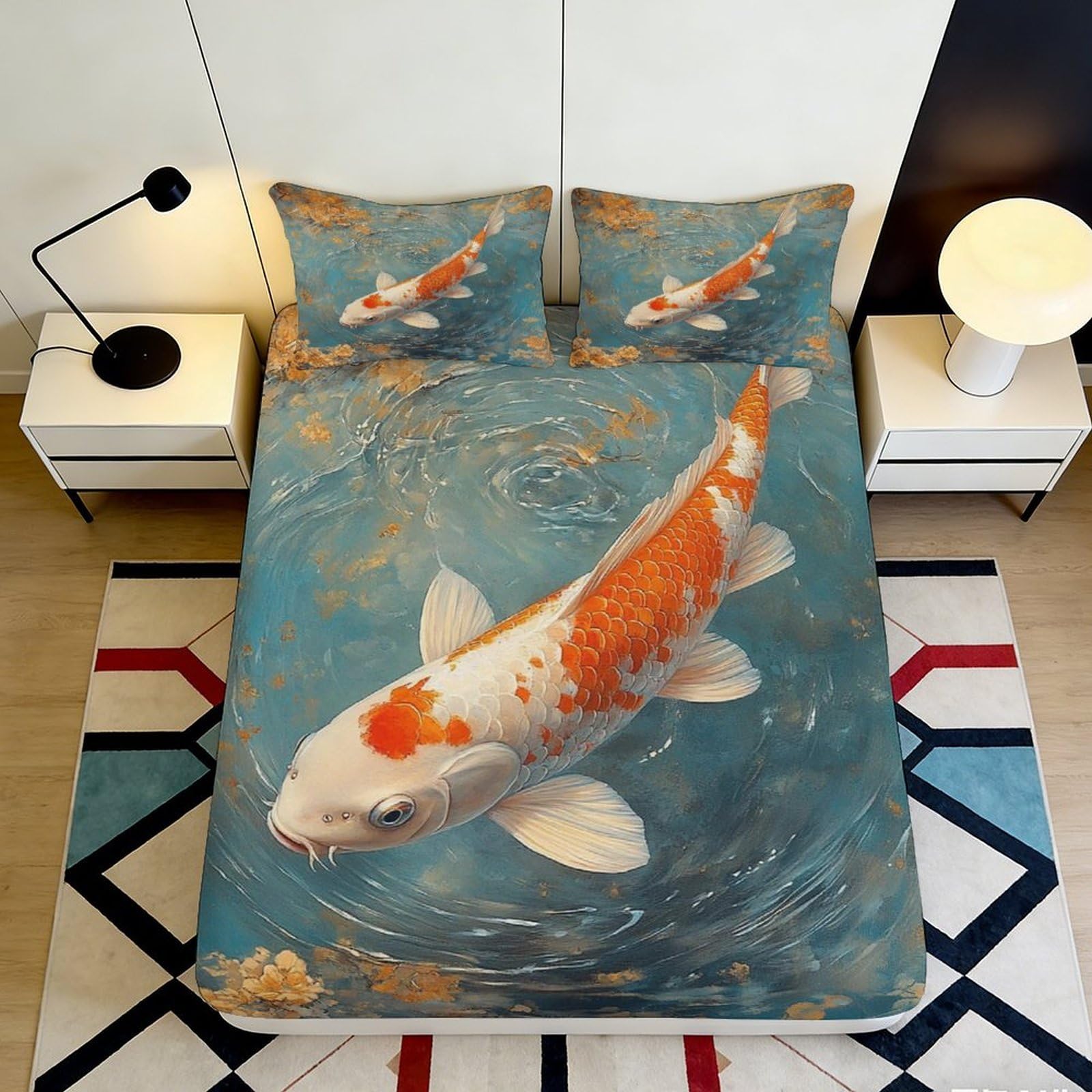 3D Printed Koi Fish Fitted Sheet Microfiber Artistic Water Pattern Mattress Cover for Bedroom Guest Room Decor 90x200x25cm