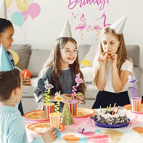Miniatura 7 de 24 suministros para fiesta de cumpleaños de flamenco, pajitas de flamenco con purpurina con 2 popotes, cepillo de limpieza para niños, flamencos,