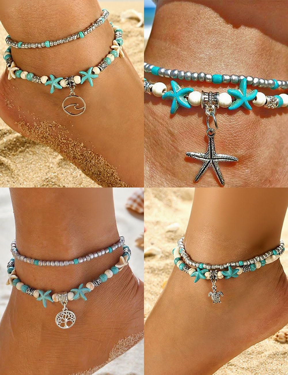 Tornito 12Pcs Shell Turtle Ankle Bracelets Handmade Seashell Bead Starfish Cowrie Dolphin Adjustable Layered Anklets for Women Boho Hawaii Summer Beach Foot Jewelry - Image 4