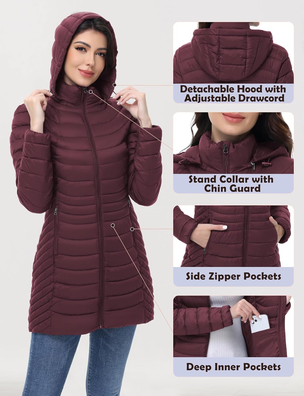 MIDNIGHTSUN Women’s Packable Puffer Jacket Lightweight Puffer Coat Mid-length Hooded Warm Winter Puffy Jacket - Image 4