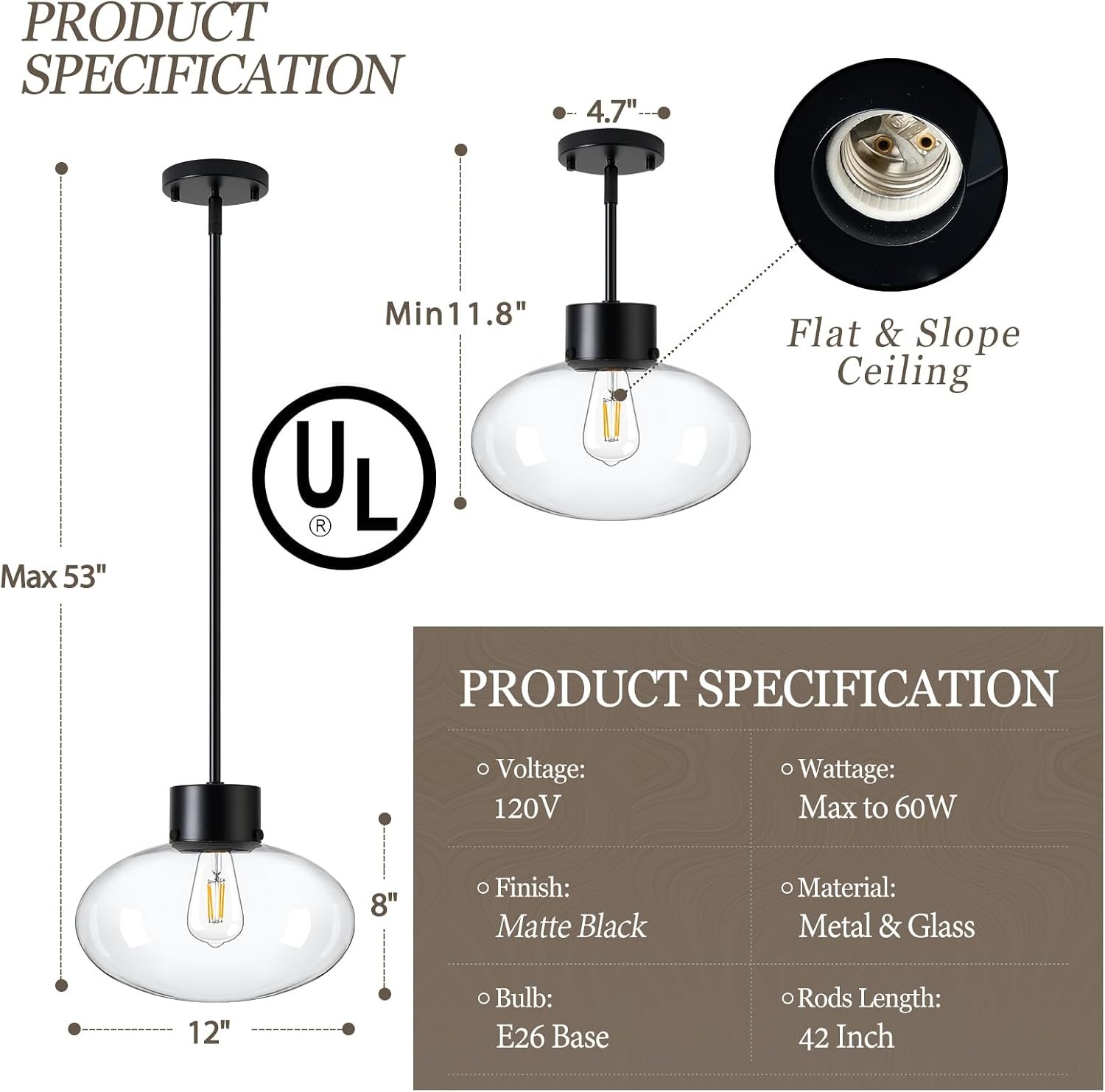 Large Globe Glass Pendant Lights, 12" Modern Black Pendant Lights Kitchen Island with Clear Glass and Rods, Farmhouse Hanging Lighting for Kitchen Dining Room Entryway, OS-JJ1513-1PLBK
