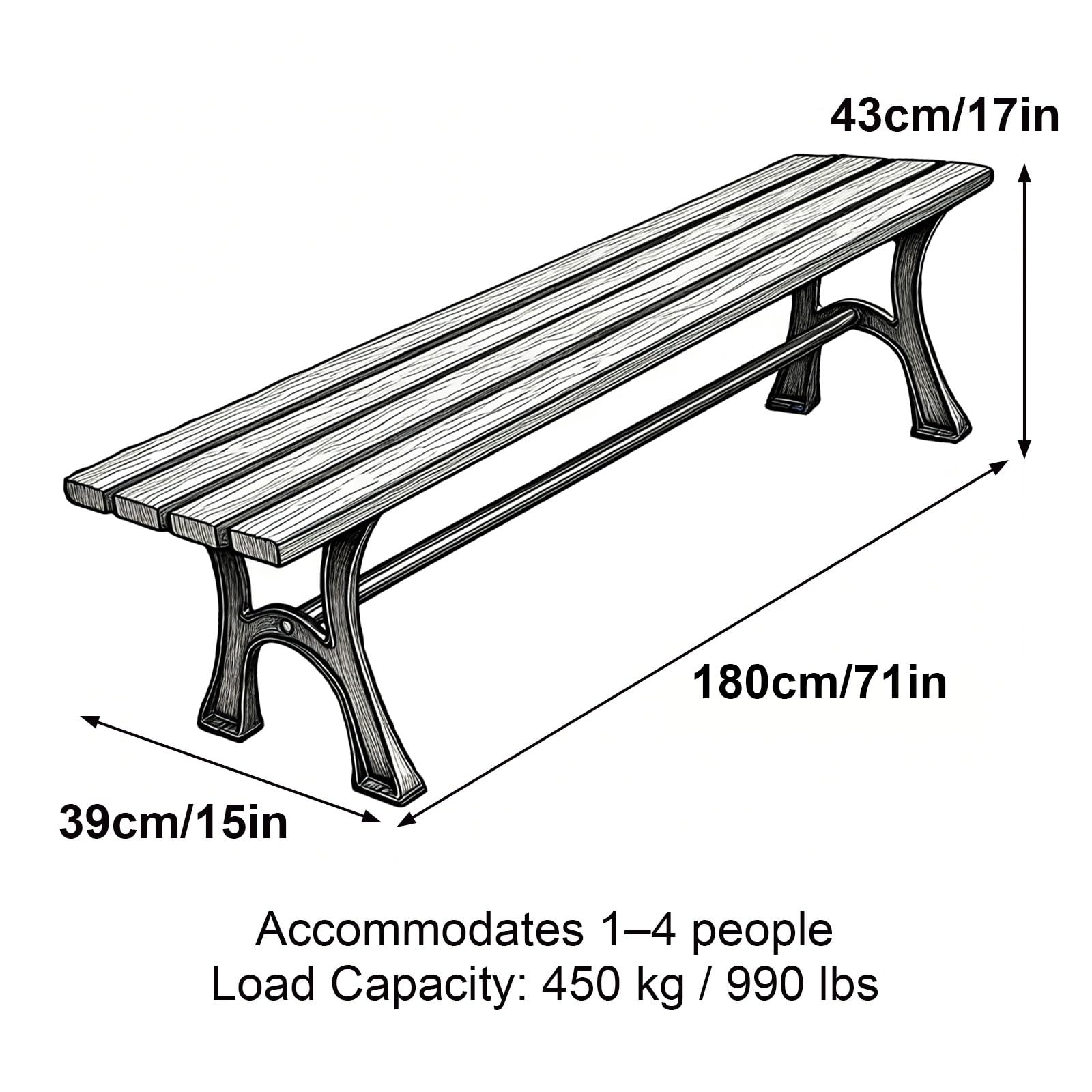 Banco Jardin Exterior Impermeable con Estructura de Madera Maciza y Hierro Fundido, Capacidad de Carga 380 Kg, Ideal para Parques(Beige,180x43x39cm/71x17x15in)