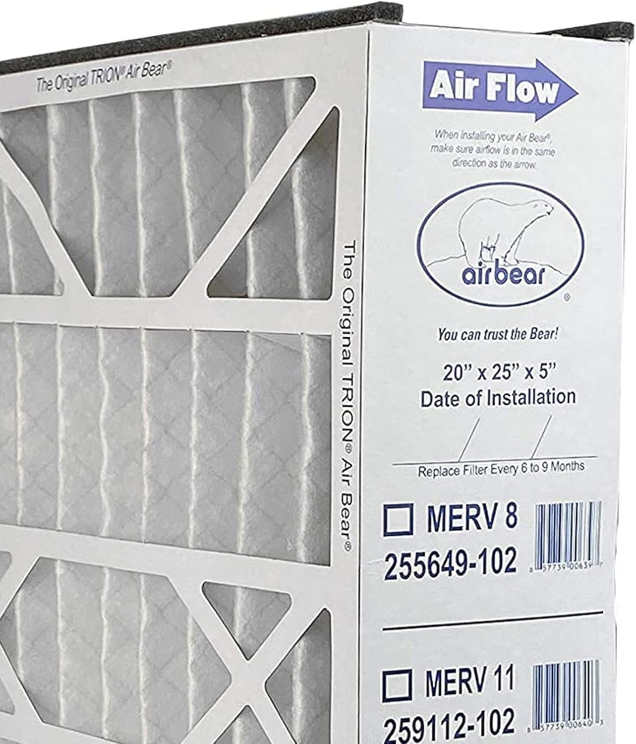 Trion Air Bear 20x25x5 Air Filter, MERV 13 Furnace AC Air Filter Replacement, for Air Purifier Systems, Actual Size (4.94 x 24.25 x 19.75 in), 3 Pack