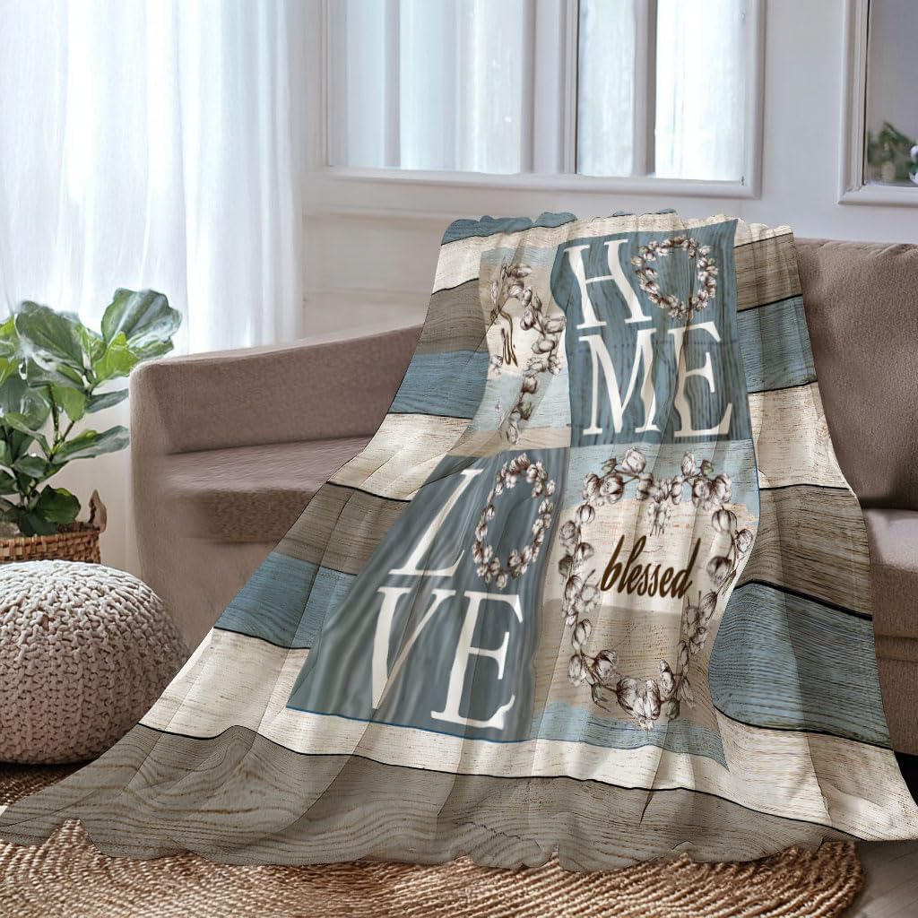 Rustic Floral Flower Sweet Love Home Fabric Throw Blanket, Farmhouse Country Vintage Wood Plank Cotton Soft Warm Fleece Blanket for Living Room Couch Bed Chair or Dorm, 50"x60"