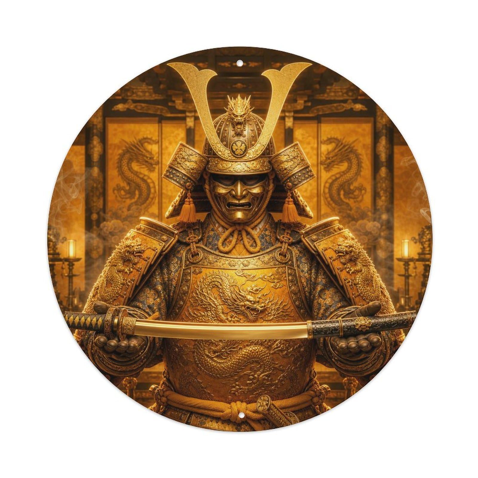 Okngb Style Masked Ceremonial Sword Saffron Gold Present Guard Mark Metal Tin Sign Plaque Wall Decor For Cafe, Man Cave, Club Bar, Office, Home Garden Round Metal Poster 8X8inch