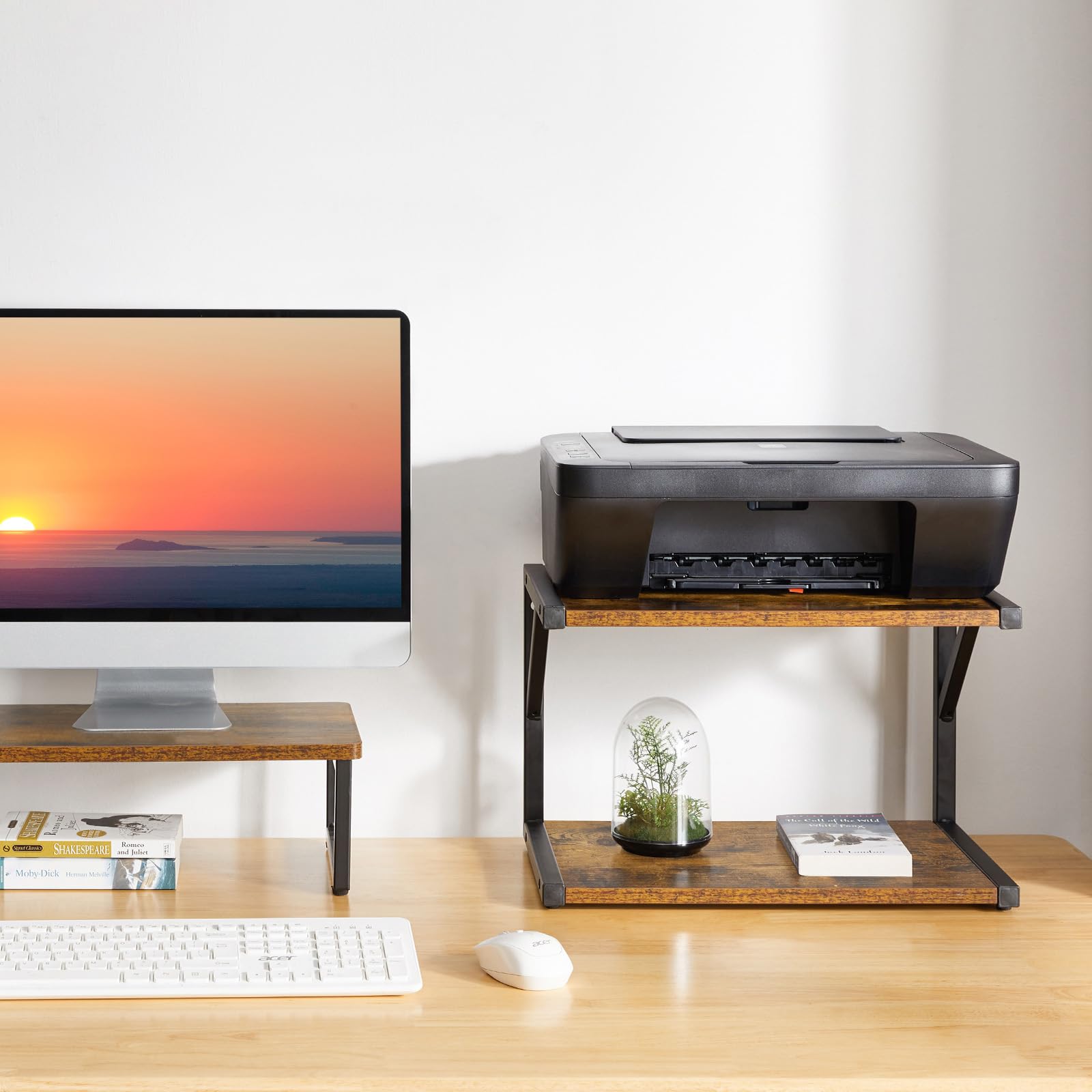 IBUYKE Support d'imprimante de Bureau à 2 Niveaux, étagère de Rangement Multifonction pour fax, Scanner, fichiers, Livres, Four à Micro-Ondes, Marron Rustique TLJ004H