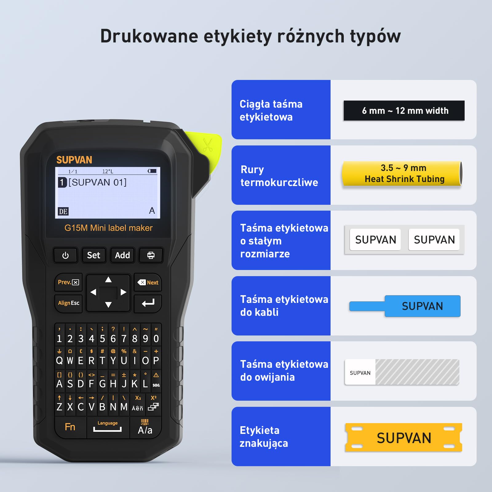SUPVAN G15M Mini Ręczna Drukarka Etykiet z Rurką Termokurczliwą | Transfer Termiczny, Dla 11 Typów Etykiet, Podświetlany Wyświetlacz, Ładowalny, Wąski Margines, do Domu, Biura & Przemysłu