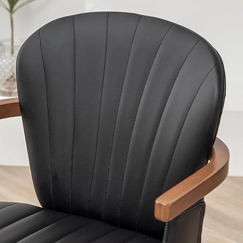 Miniatura 6 de LUNLING Sillas de comedor giratorias, sillas de cocina modernas de cuero sintético negro de mediados de siglo con brazos, patas de bambú, sillas