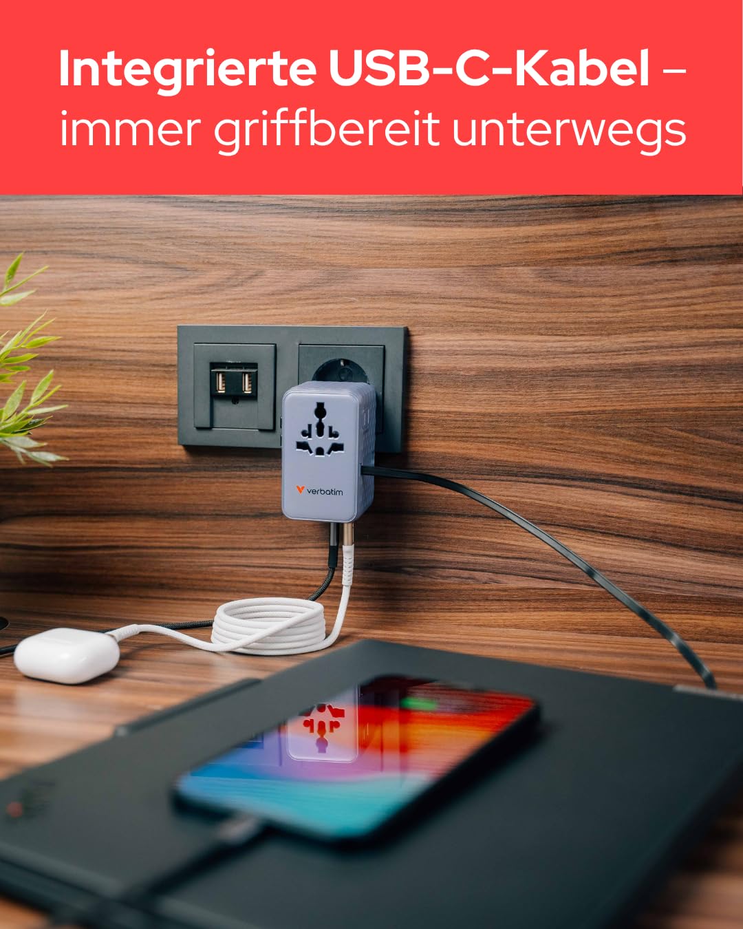 Verbatim GaN adapter podróżny 100 W, niebieski, adapter do gniazdka z wbudowanym kablem i 2 x USB-C, 2 x USB-A, 2 x złącze USA/JP, uniwersalna ładowarka do szybkiego ładowania laptopa, smartfona i