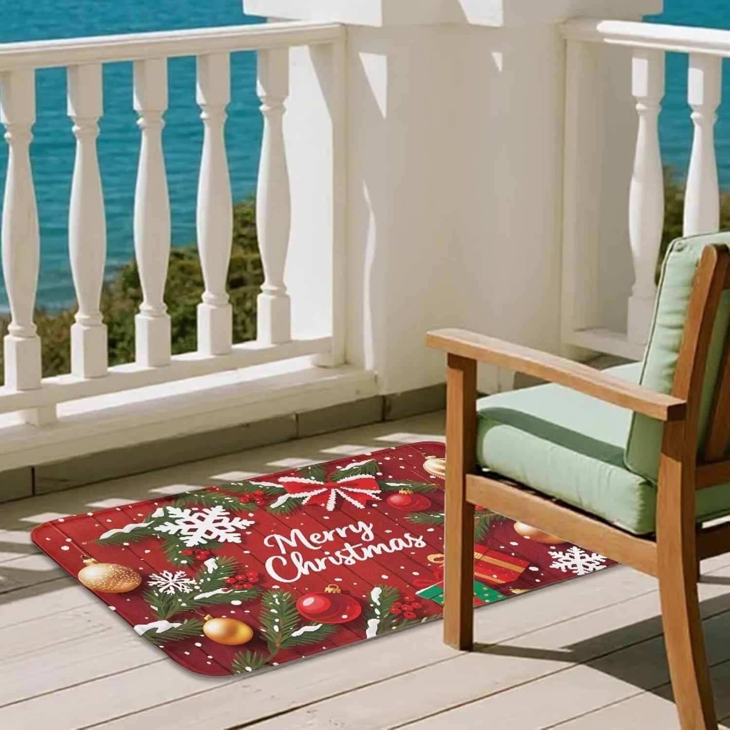 Christmas Ball Pine Branches Pattern Toilet Seat Cover and Rug Set 2 Pcs Stretch Toilet Lid Seat Cover Comfortable Area Rugs Set Bathroom Christmas Decor Accessories