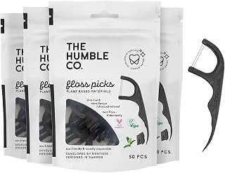 The Humble Co. Floss Picks (200 Count) – Sustainable, Plant Based and Eco-Friendly Natural Dental Floss Picks for Dental Hygiene, Oral Care, and Gum Health, Cruelty Free (Charcoal, Double Thread)