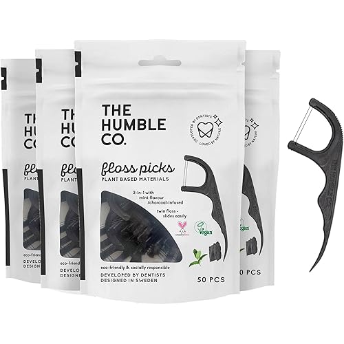 The Humble Co. Floss Picks (200 Count) – Plant Based Dental Floss Picks for Superior Oral Care, Dental Hygiene, and Gum Health, Cruelty Free Tooth Floss Picks (Charcoal, Double Thread)