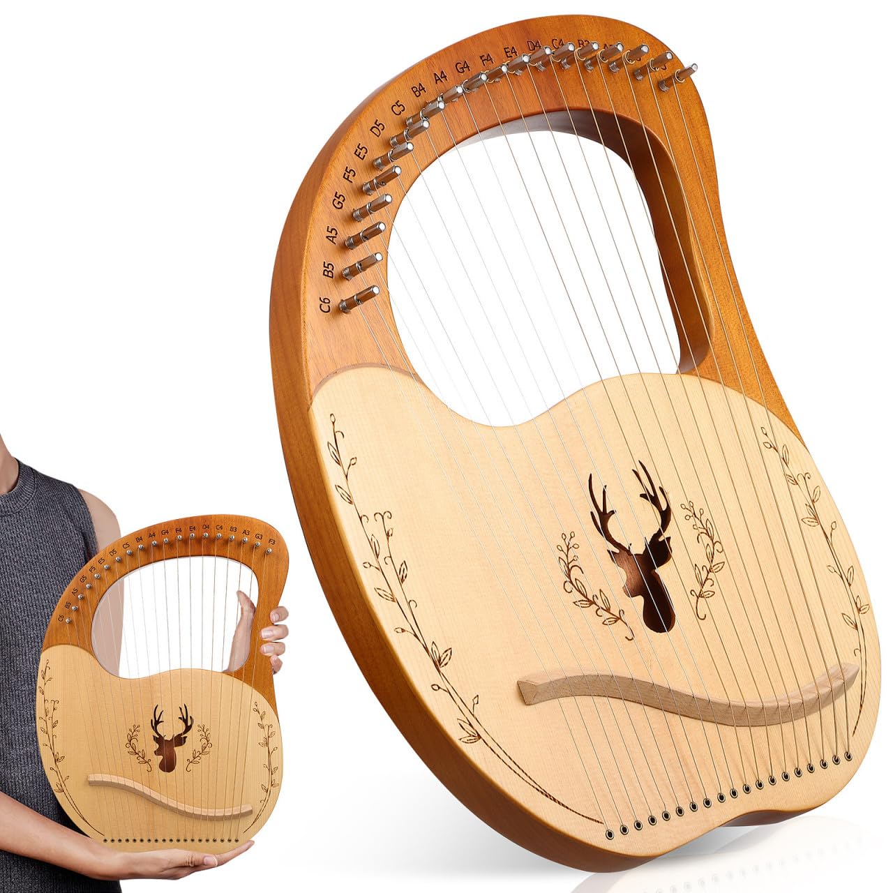 Set di Lira Strumento Musicale Portatile in Legno con 19 Corde, Chiave di Accordatura e Borsa per Principianti, Suono Chiaro e Regolazione Fine
