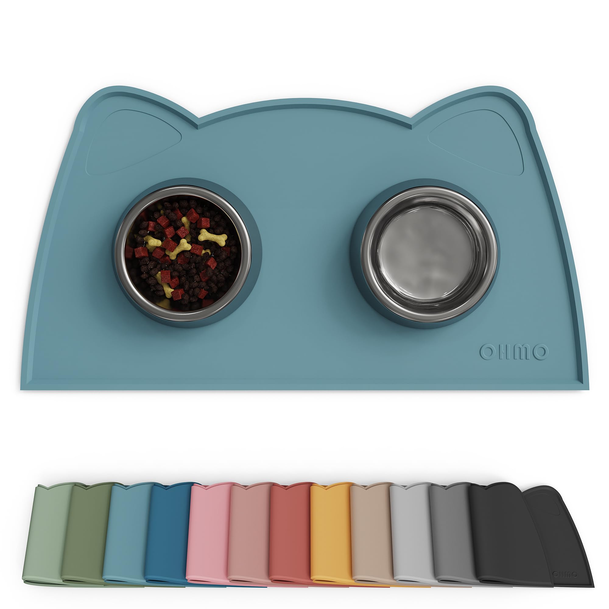 OHMO - Cat Food Mat, Silicone Pet Feeding Mat for Floor Non-Skid Waterproof Dog Water Bowl Tray, Easy to Clean Pet Placemat (Light Blue, 18 * 9.8'')