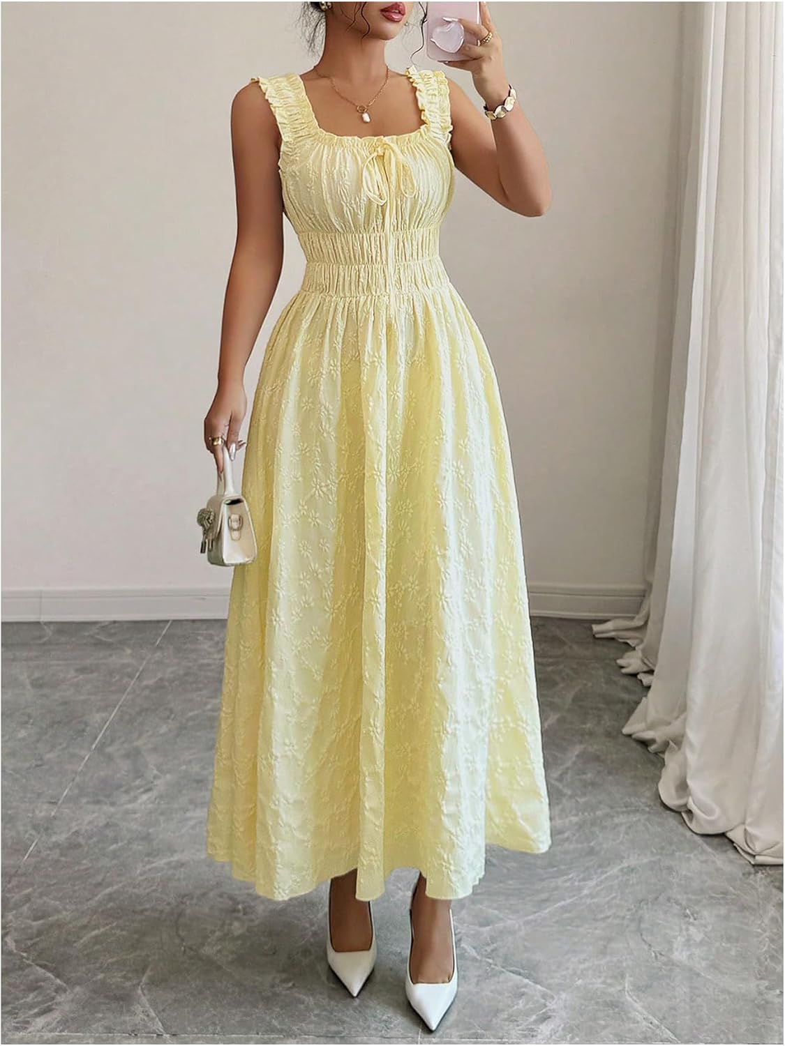 Women's Summer Tie Front Jacquard Maxi Dress Cute Square Neck Flowy Beach Sundress Wedding Guest Dresses - Image 5