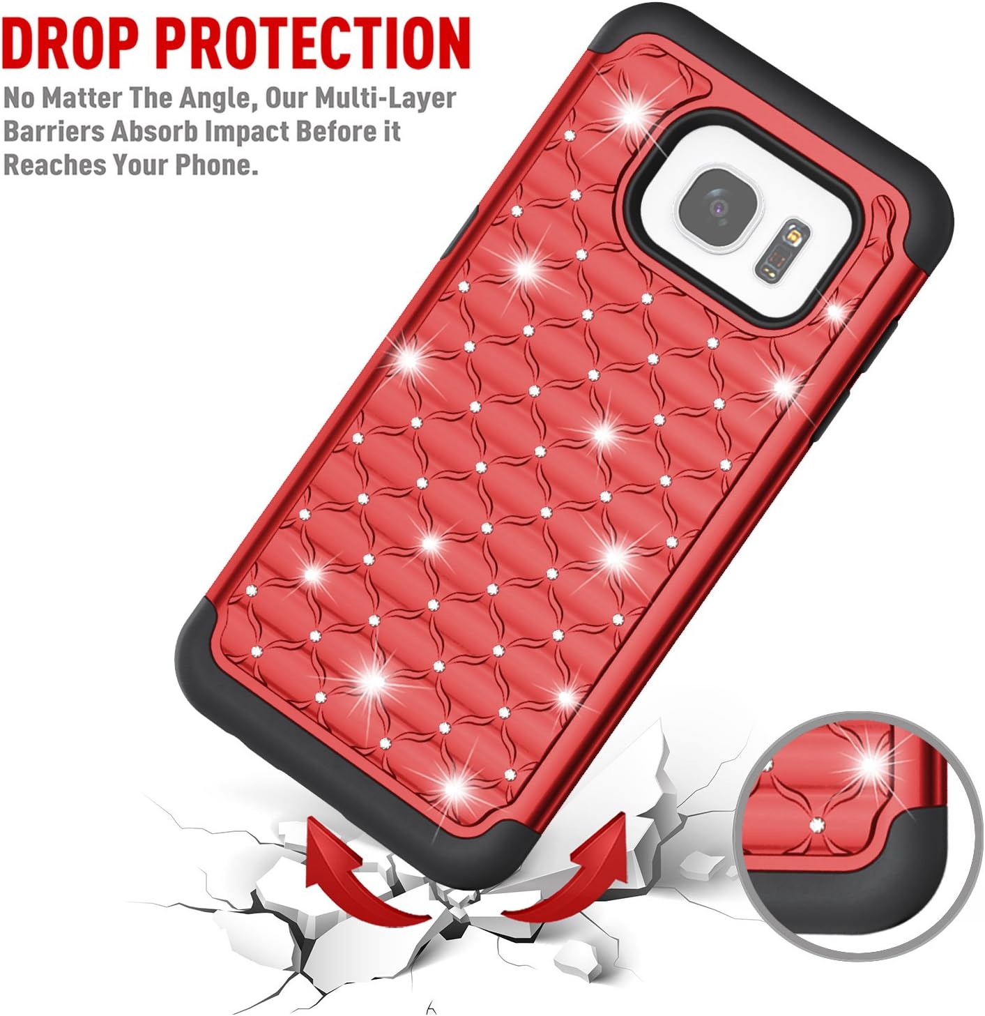 TILL Compatible for Galaxy S7 Edge G9350 Case, TILL Studded Rhinestone Crystal Bling Diamond Sparkly Luxury Shock Absorbing Hybrid Dual Layer Rugged Defender Cute Glitter Girls Case Cover [Red]
