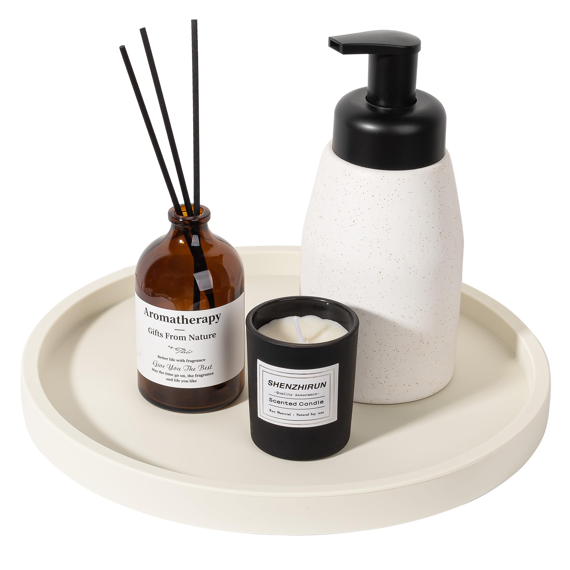 Silicone Bathroom Tray Round Vanity Tray Decorative Soap Holder Kitchen Countertop Organizer Coffee Table Decor for Candle, Perfume, Plant, 10 Inch, Beige