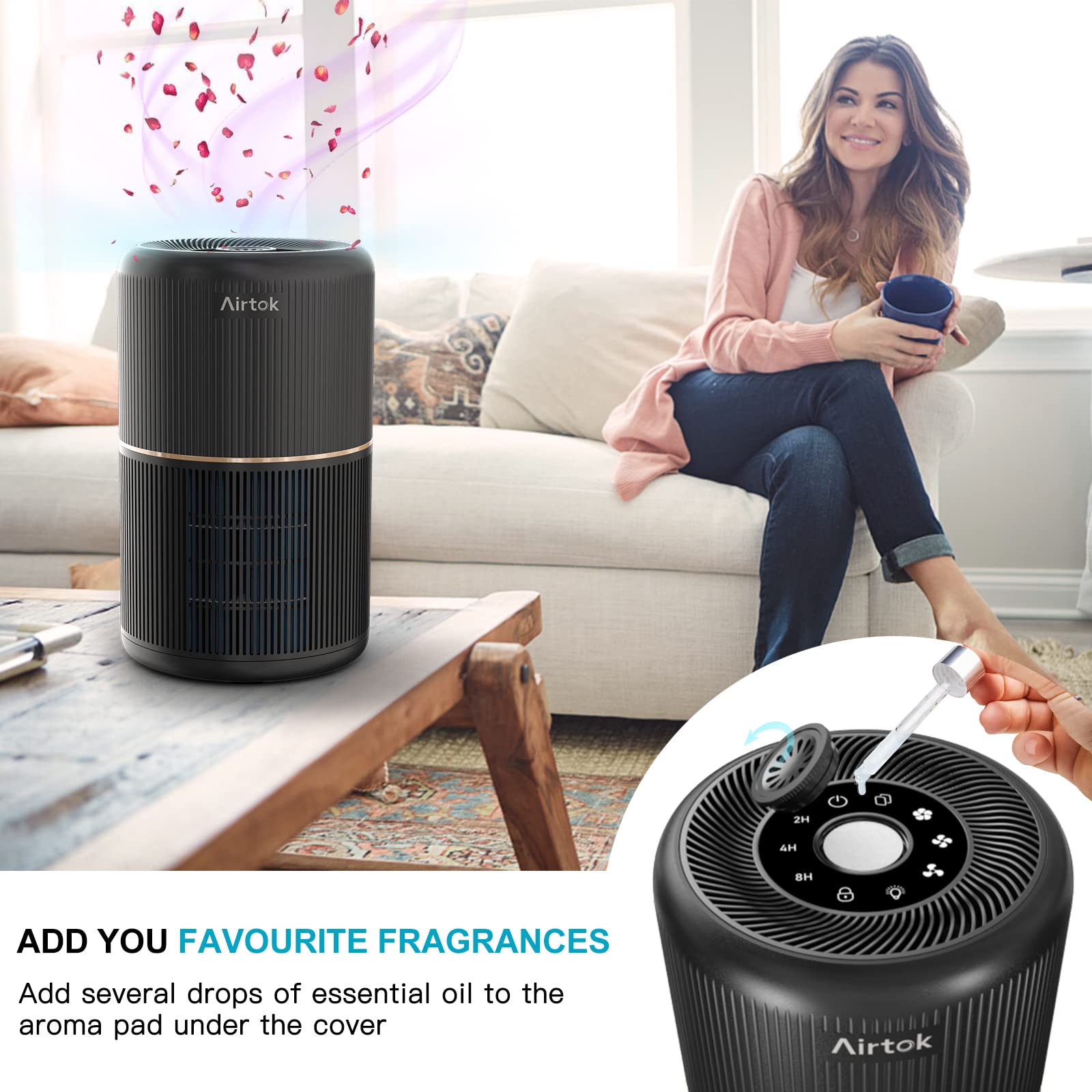 AIRTOK Purificateur d'air avec 12 éponges parfumées, purificateur d'air H13 HEPA élimine la poussière, les odeurs d'animaux, purificateur d'air domestique 4 étapes filtre à air pour chambre, bureau