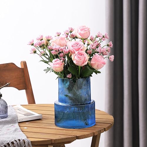 Miniatura 8 de Jarrón de vidrio azul, florero de vidrio acanalado, florero de vidrio estriado, florero para ramo, jarrón acanalado para flores, jarrón azul para