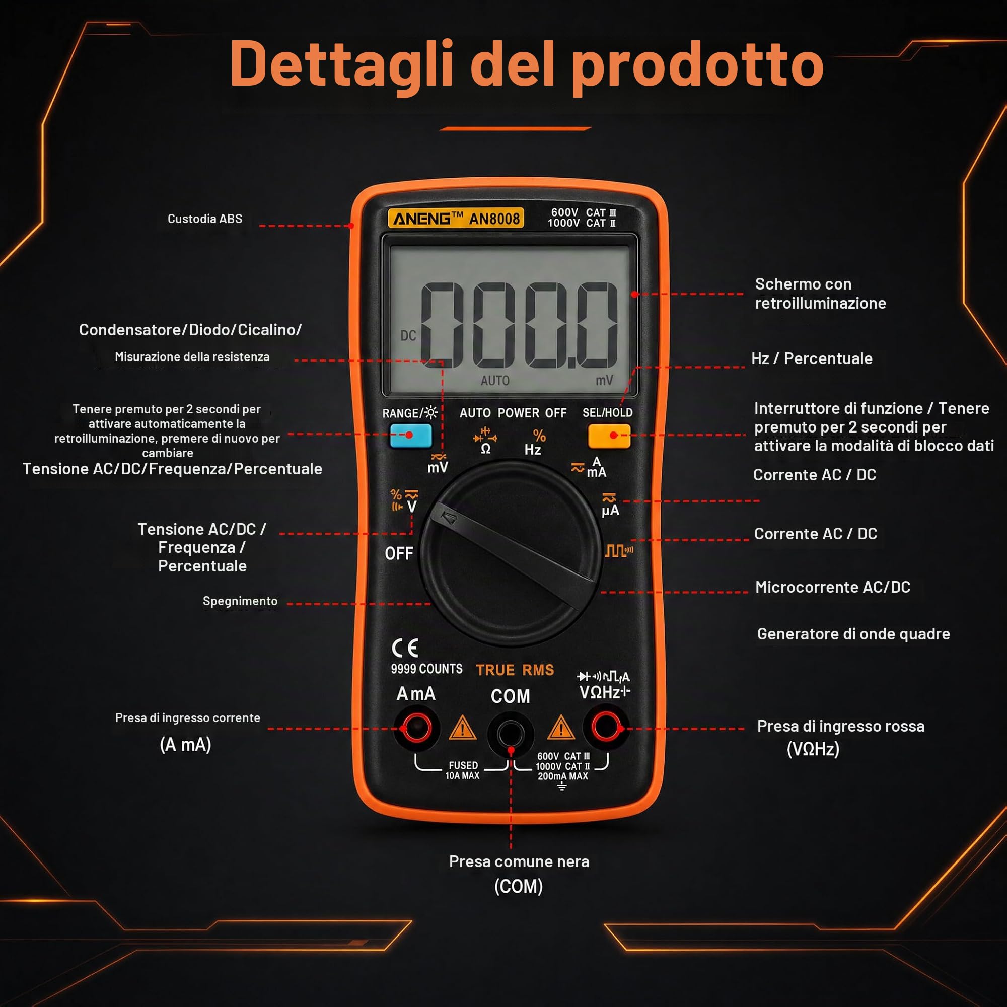 AN8008 Multimetro digitale True Tensione CA Tensione DC Amperometro Corrente Ohm metro Tester Diodi Transistor Temperatura Rosso