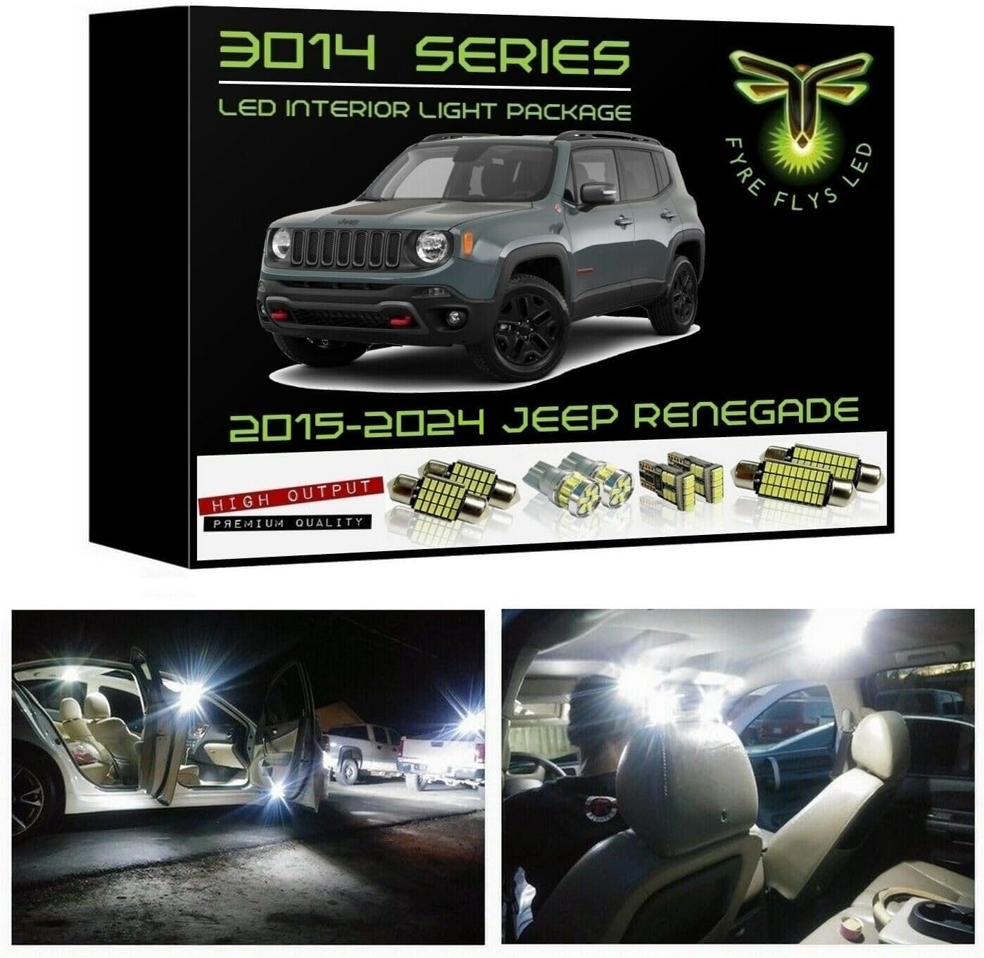Fyre Flys 9 Piece White LED Interior Lights for 2015-2024 Jeep Renegade Super Bright 6000K 3014 Series Package Map Dome Vanity Mirror Light Bulb Kit and Install Tool