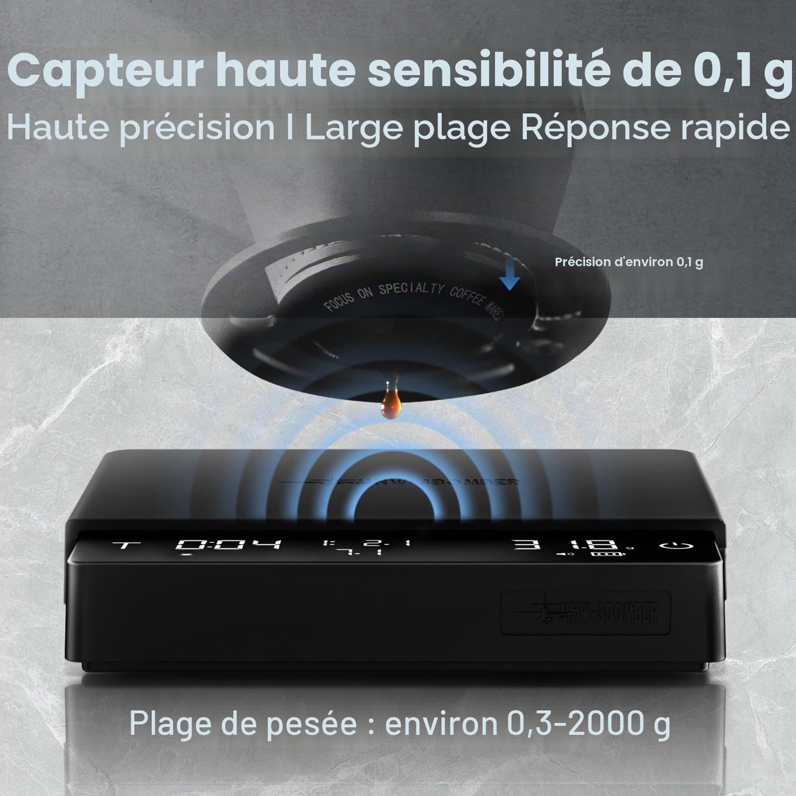 MHW-3BOMBER Grande balance à café avec minuterie, balance numérique à bec verseur avec débit, expresso précise de 2 kg/0,1 g, 3 modes, rechargeable en grain