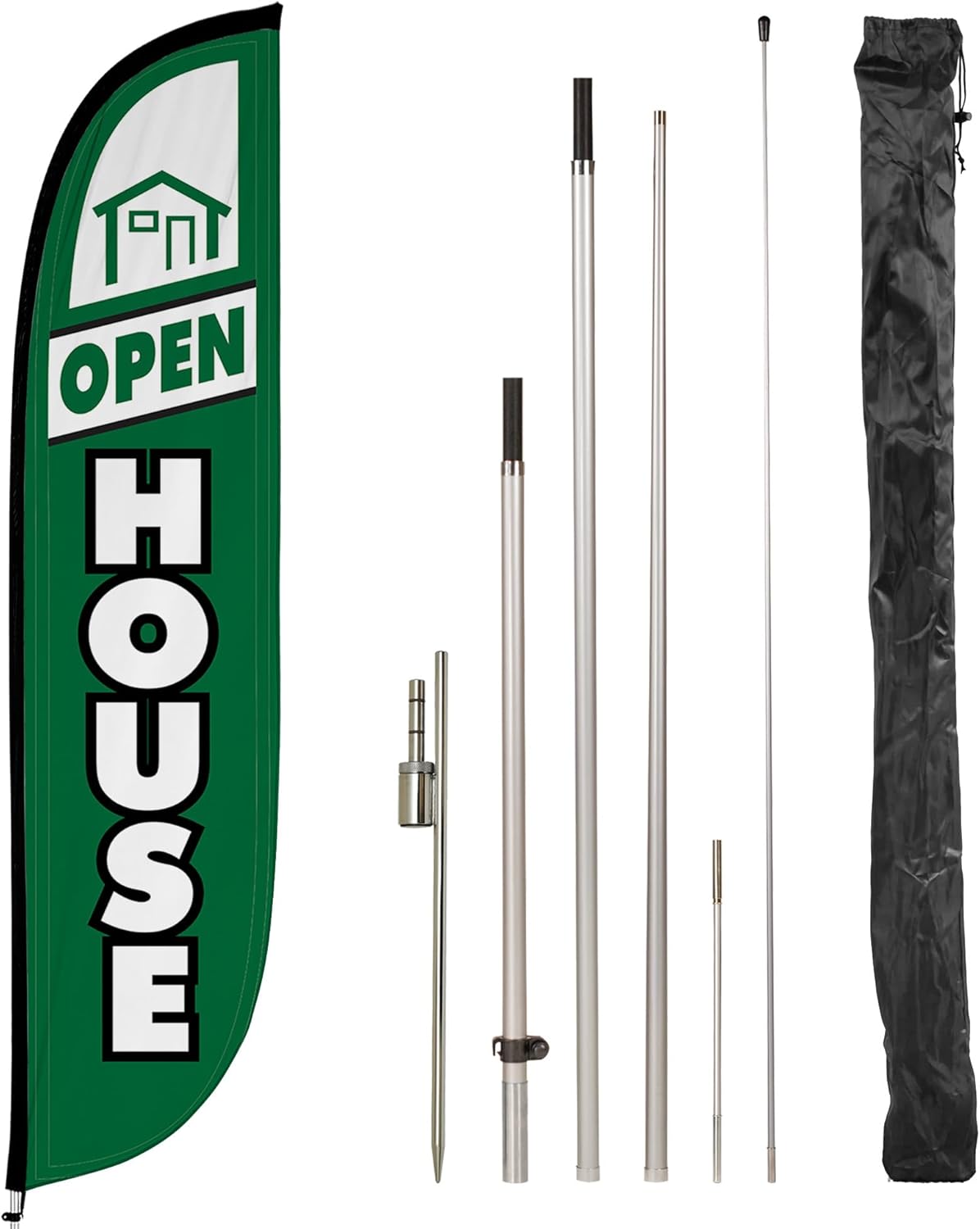 LookOurWay Feather Flag Pole Kit - 12 Feet Tall Advertising Flag Banner with Fiberglass Pole Kit and Ground Spike for Business Promotion - Real Estate Flags - Open House Green