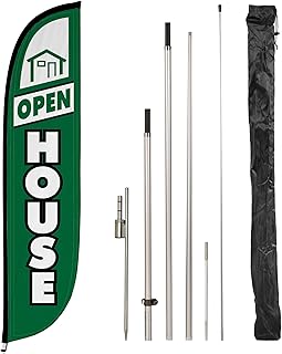 LookOurWay Feather Flag Pole Kit - 12 Feet Tall Advertising Flag Banner with Fiberglass Pole Kit and Ground Spike for Business Promotion - Real Estate Flags - Open House Green